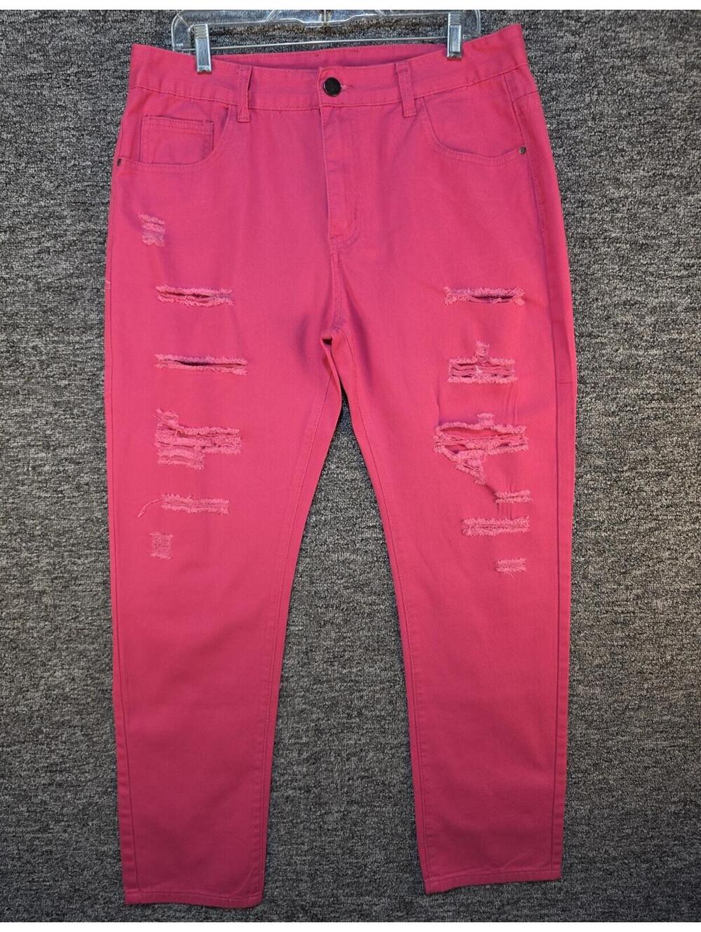 Men's Pink Distressed Twill Jeans 36W Slim Fit Tapered Leg 5-Pocket